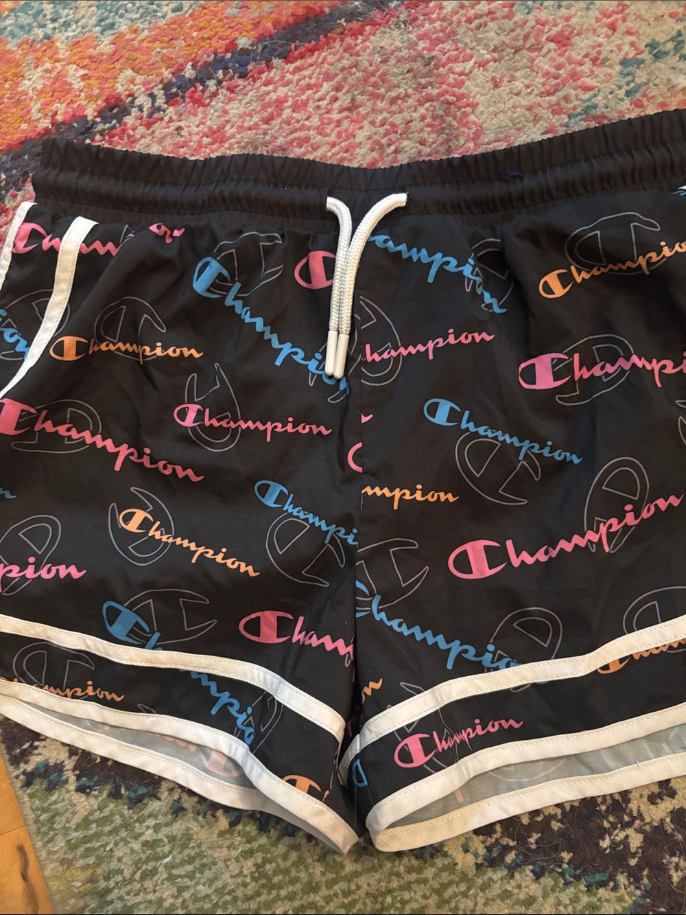 Champion Black Athletic Shorts with Multicolor Logo Script